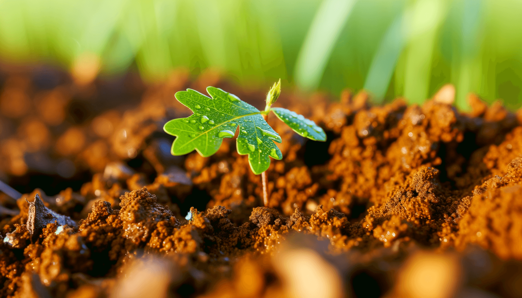 Rich Ohio topsoil with organic matter and young native seedling for woodland regeneration
