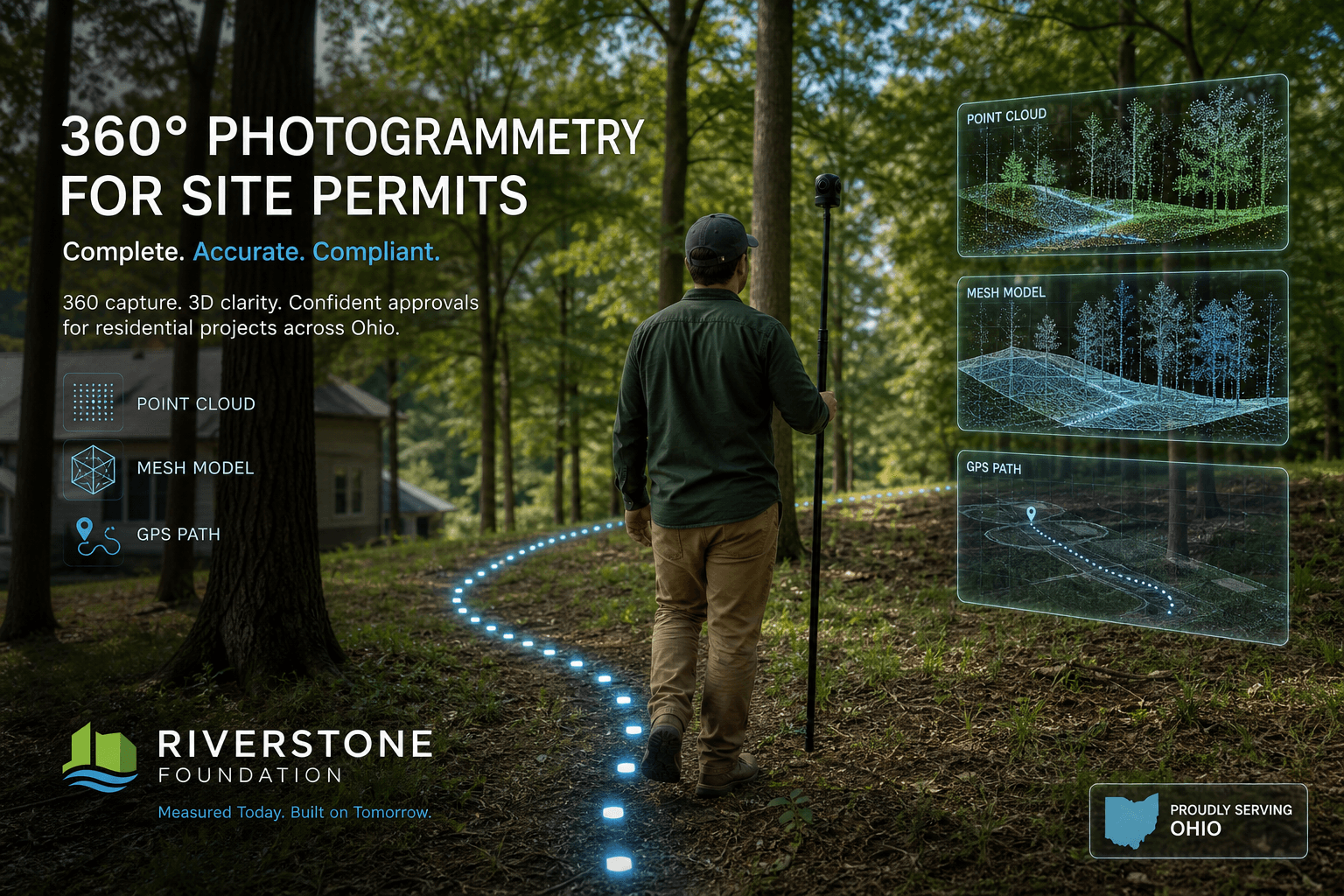 Person walking a wooded residential lot with a 360 camera on a pole, capturing a path for photogrammetry-based 3D site mapping