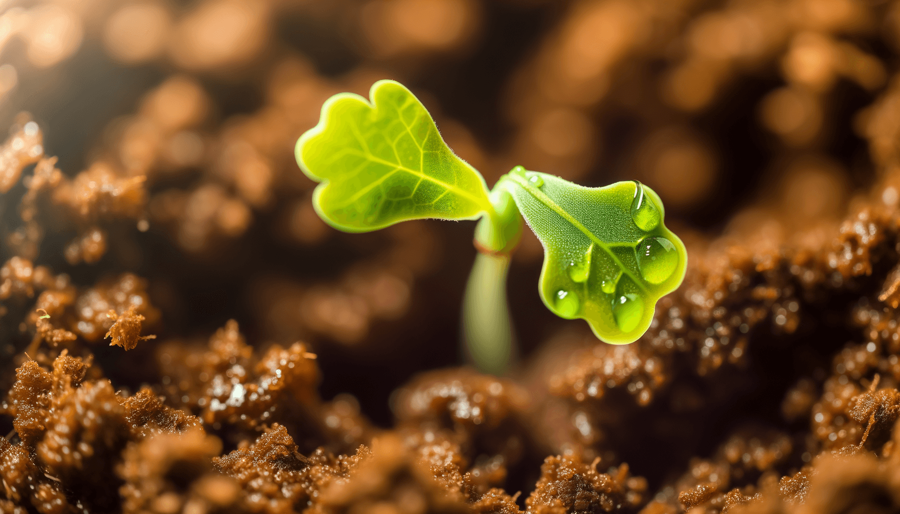Young native oak seedling emerging from rich, dark Ohio soil with fresh green leaves