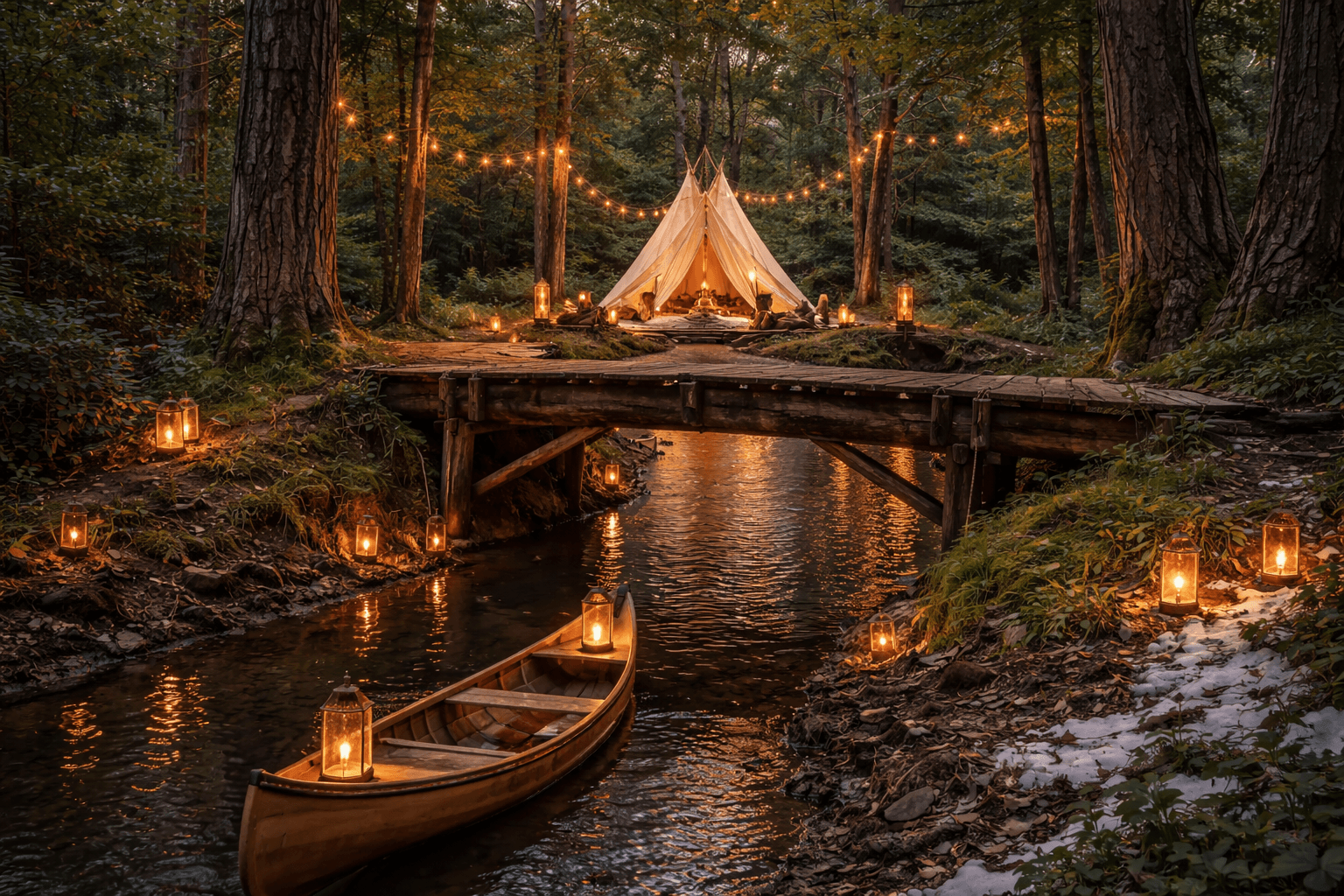 Candlelit forest scene with teepee, walking bridge over creek, canoe with lantern, and string lights among huge trees