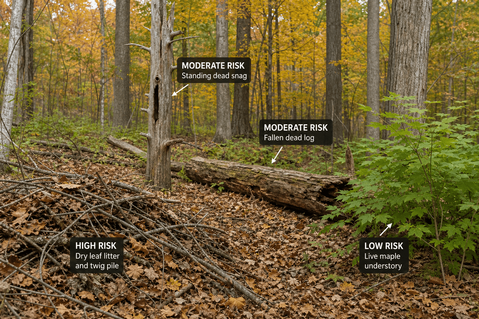Combustible brush risk spectrum in Ohio woodland from dry leaf litter and twig piles to rotted logs and standing snags