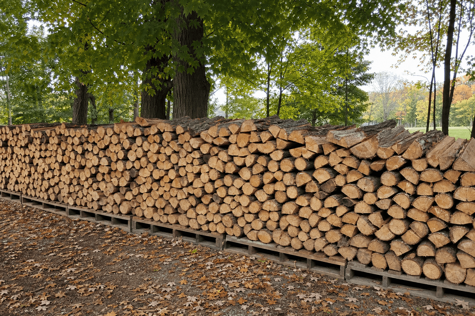 Seasoned split firewood stacked on pallets under Ohio woodland trees with cut ends facing out for drying