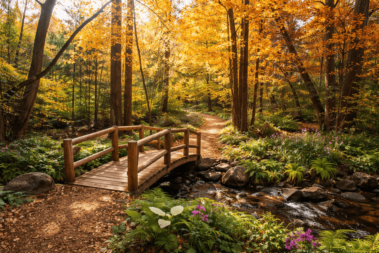 Wooded sanctuary scene with a small bridge over a stream