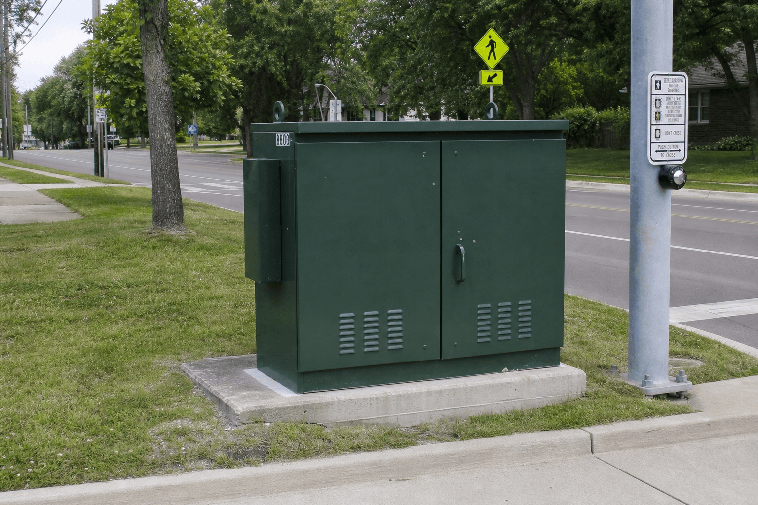 Traffic signal utility box cabinet on public right-of-way beside suburban Ohio street