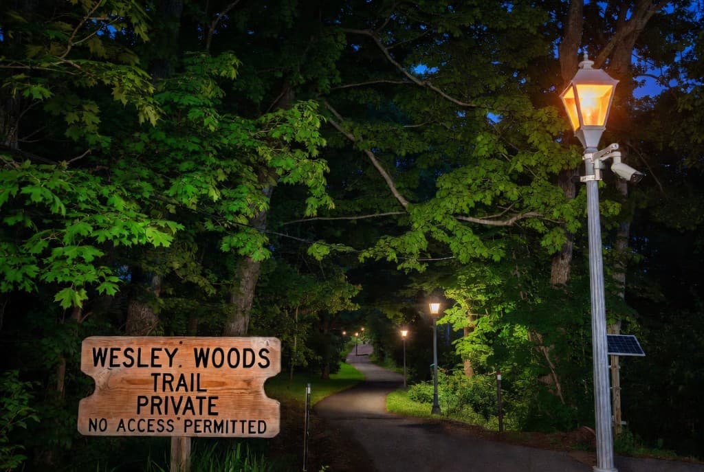 Wooden 'Wesley Woods Trail — Private — No Access Permitted' sign beside a lamp-lit private walking path winding into mature trees at dusk