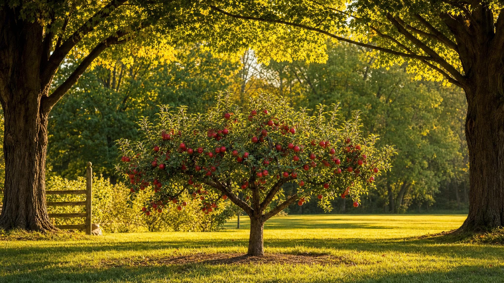 Sun-drenched apple tree with ripe apples on a naturalistic woodland property, dappled morning light through the leaves