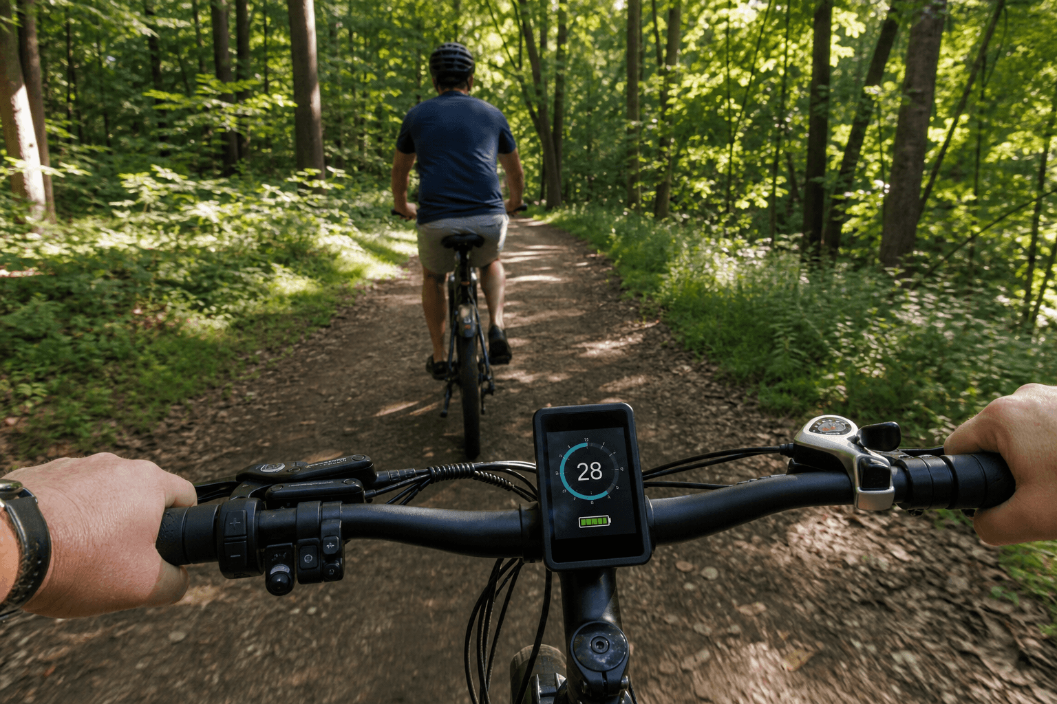 Class 3 electric bicycle on a wooded Ohio trail with helmet and speedometer — safety and utility guide