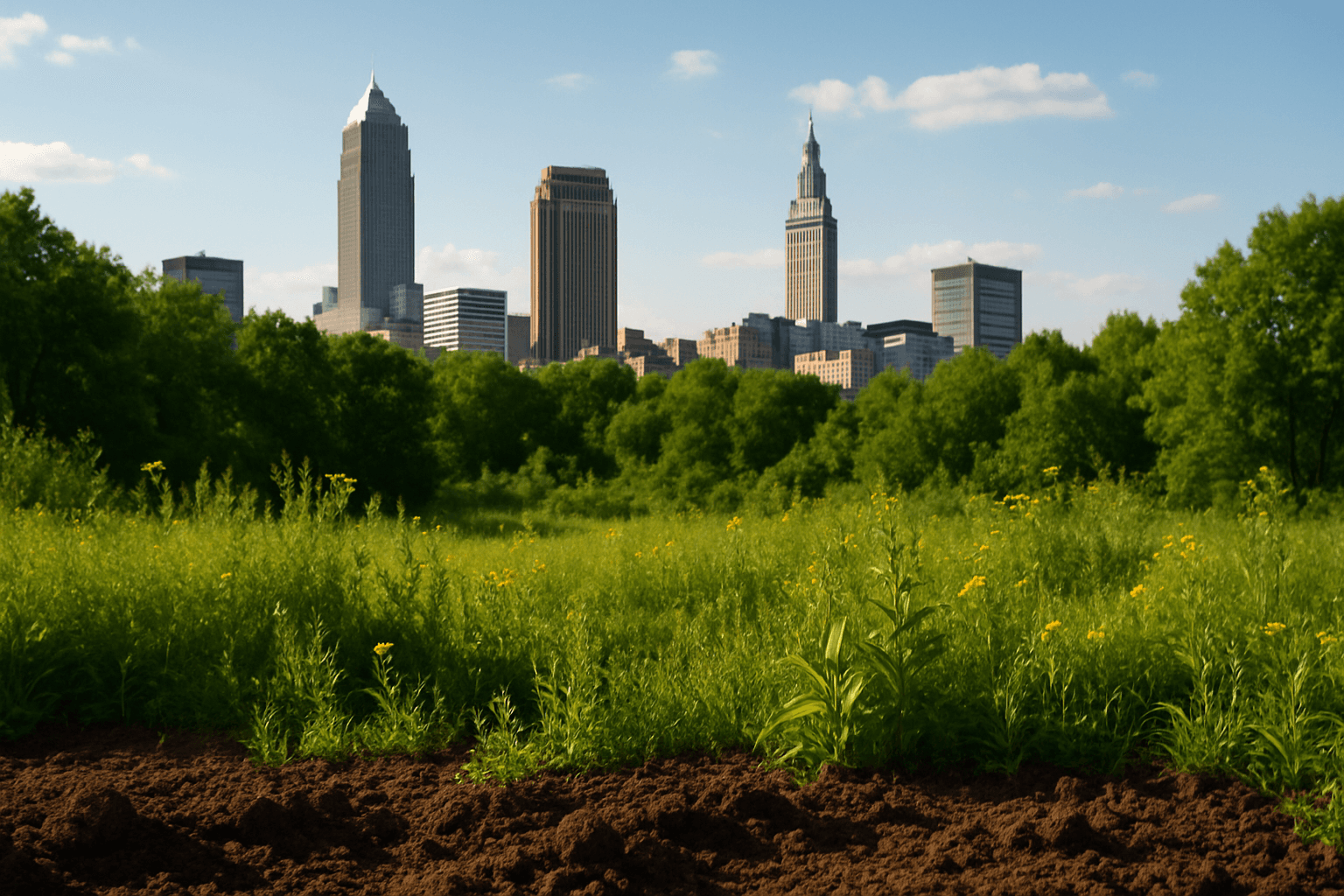 Native meadow and soil foreground with Cleveland skyline in the background