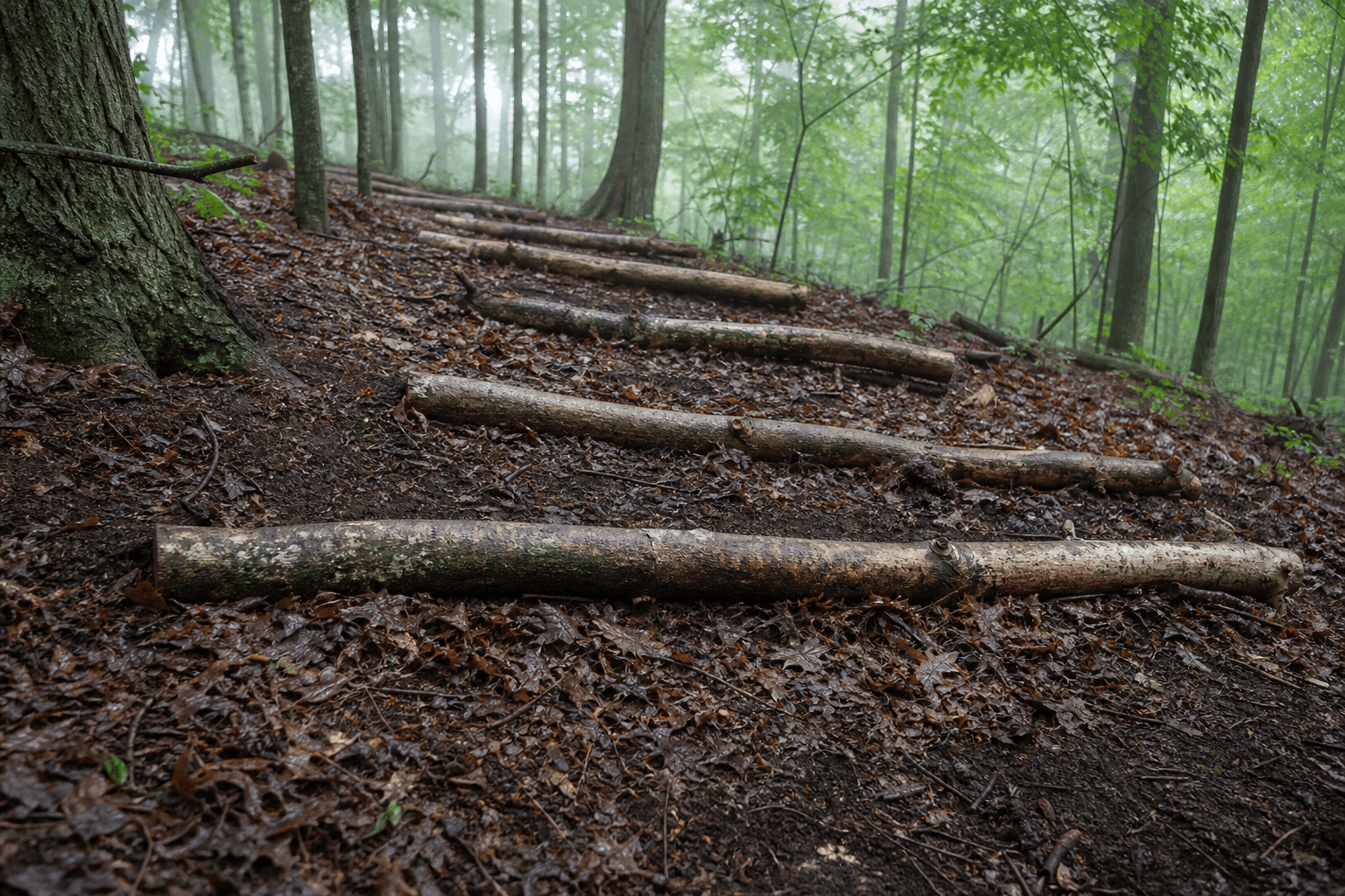 Six-inch fallen logs placed crosswise along the contour of a wooded Ohio slope to slow storm runoff and trap leaves behind the barriers