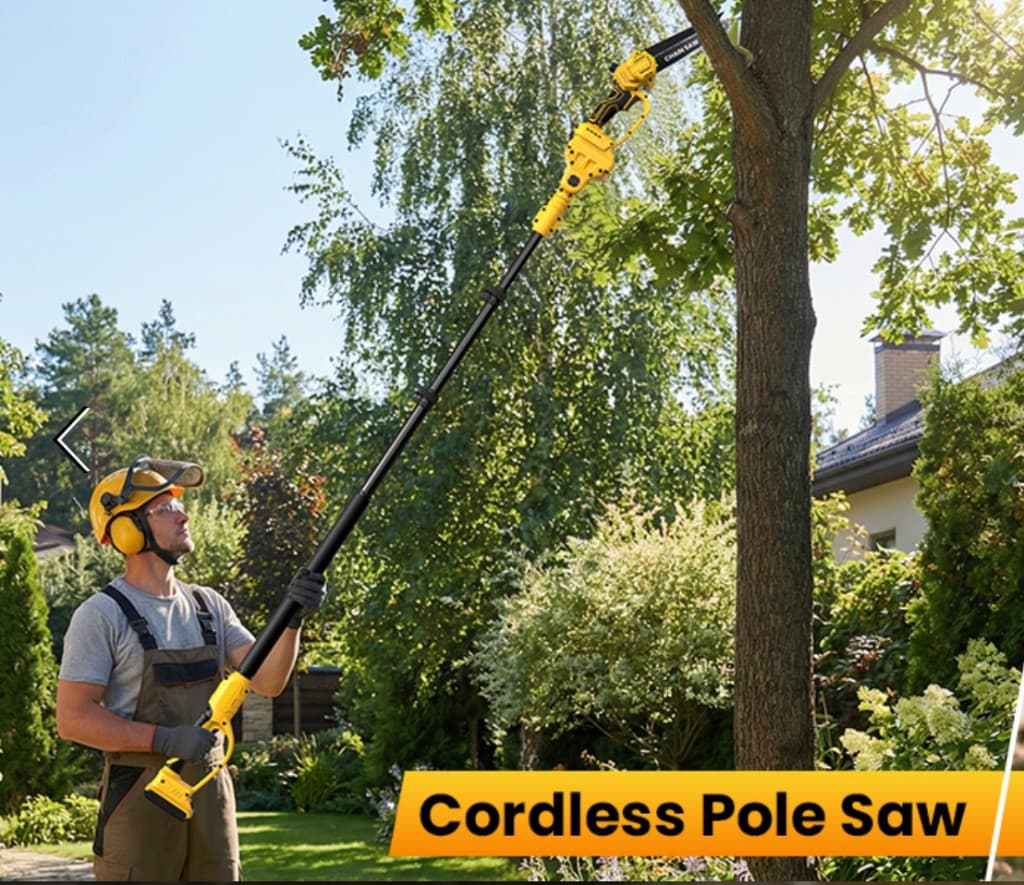 Steward in hard hat, face shield, hearing protection, and gloves using a yellow cordless pole saw to trim a high tree branch from the ground