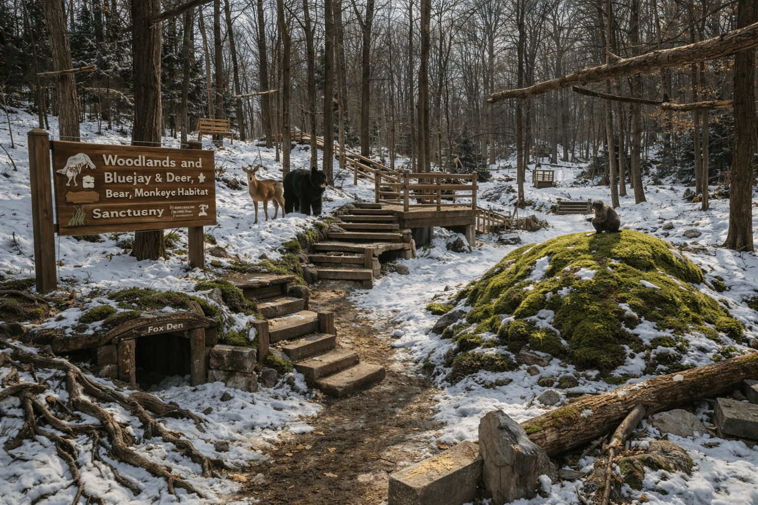 Woodlands and Bluejay & Deer, Bear, Monkeye Habitat Sanctuary with Fox Den entrance