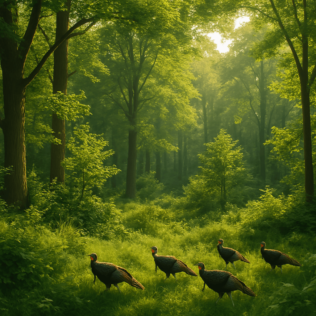 Wooded slope with natural path and timber structures