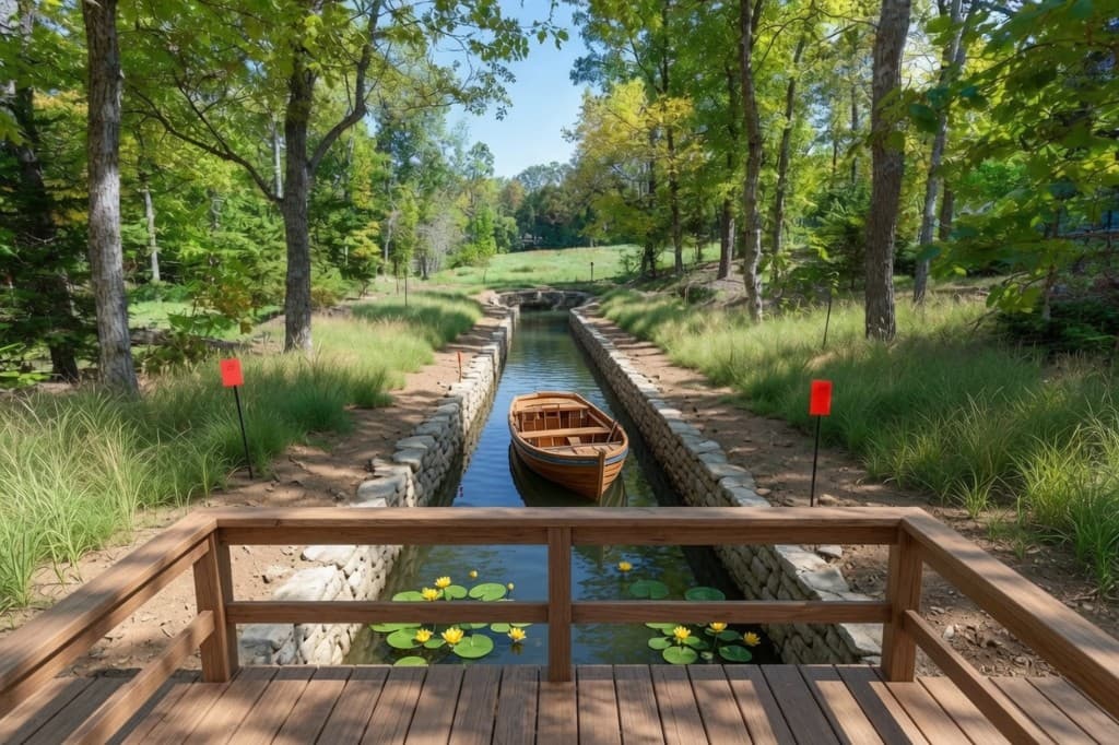 View from the front deck and wooden guardrail overlooking a narrow historic canal-style water channel with yellow water lilies, a wooden boat, red surveyor stakes, and stone-lined banks at the Mill Hollow restoration property