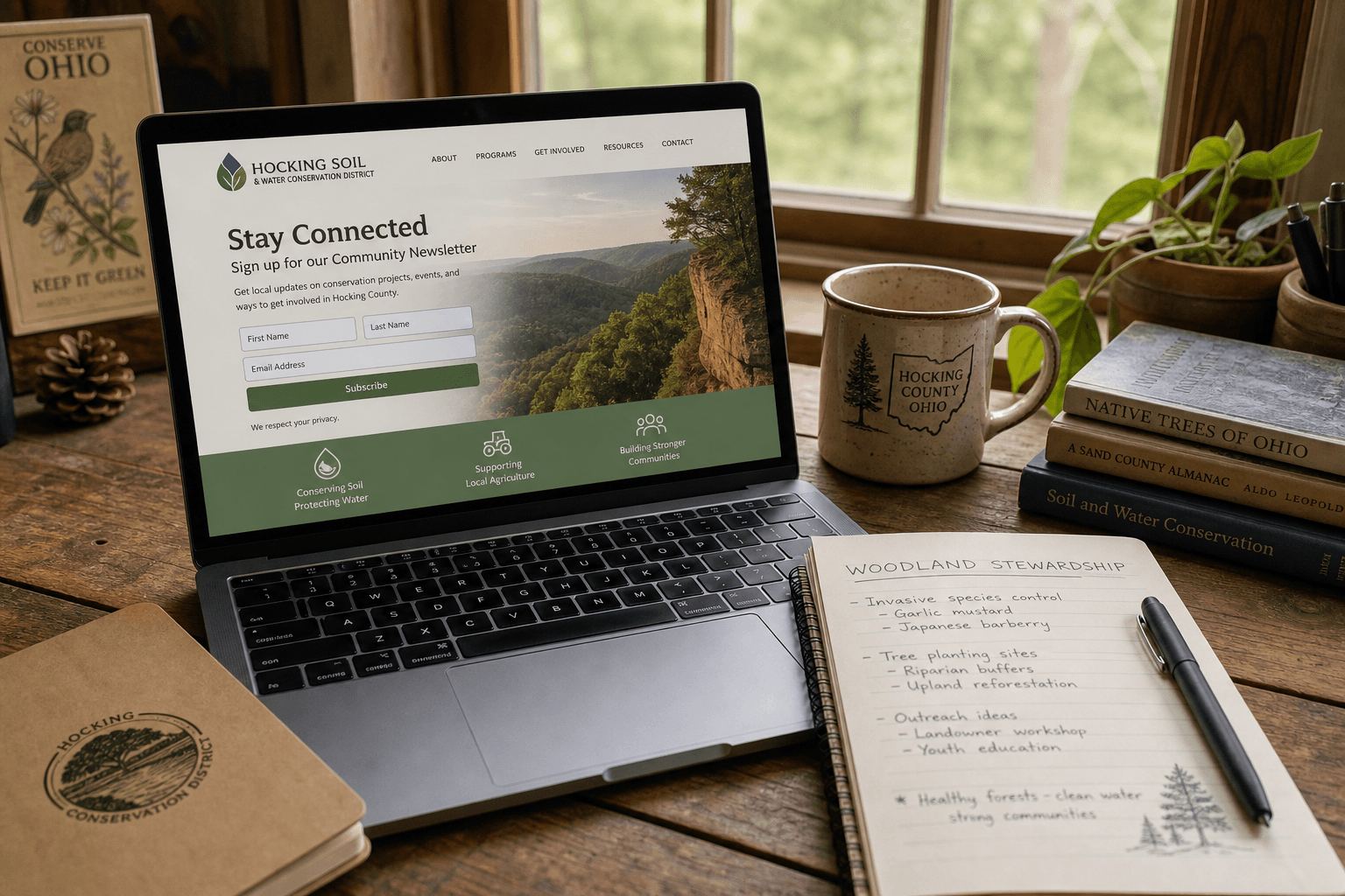 Newsletter signup on a laptop beside woodland stewardship planning notes