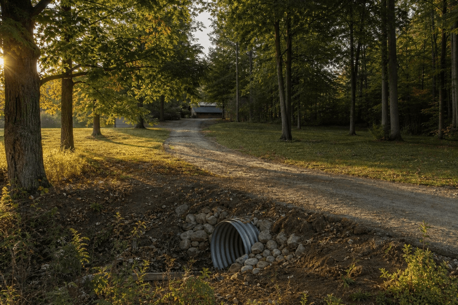 Graded dirt driveway approach through a maple tree lawn with a culvert crossing for storm drainage at Maple Wesley Woods