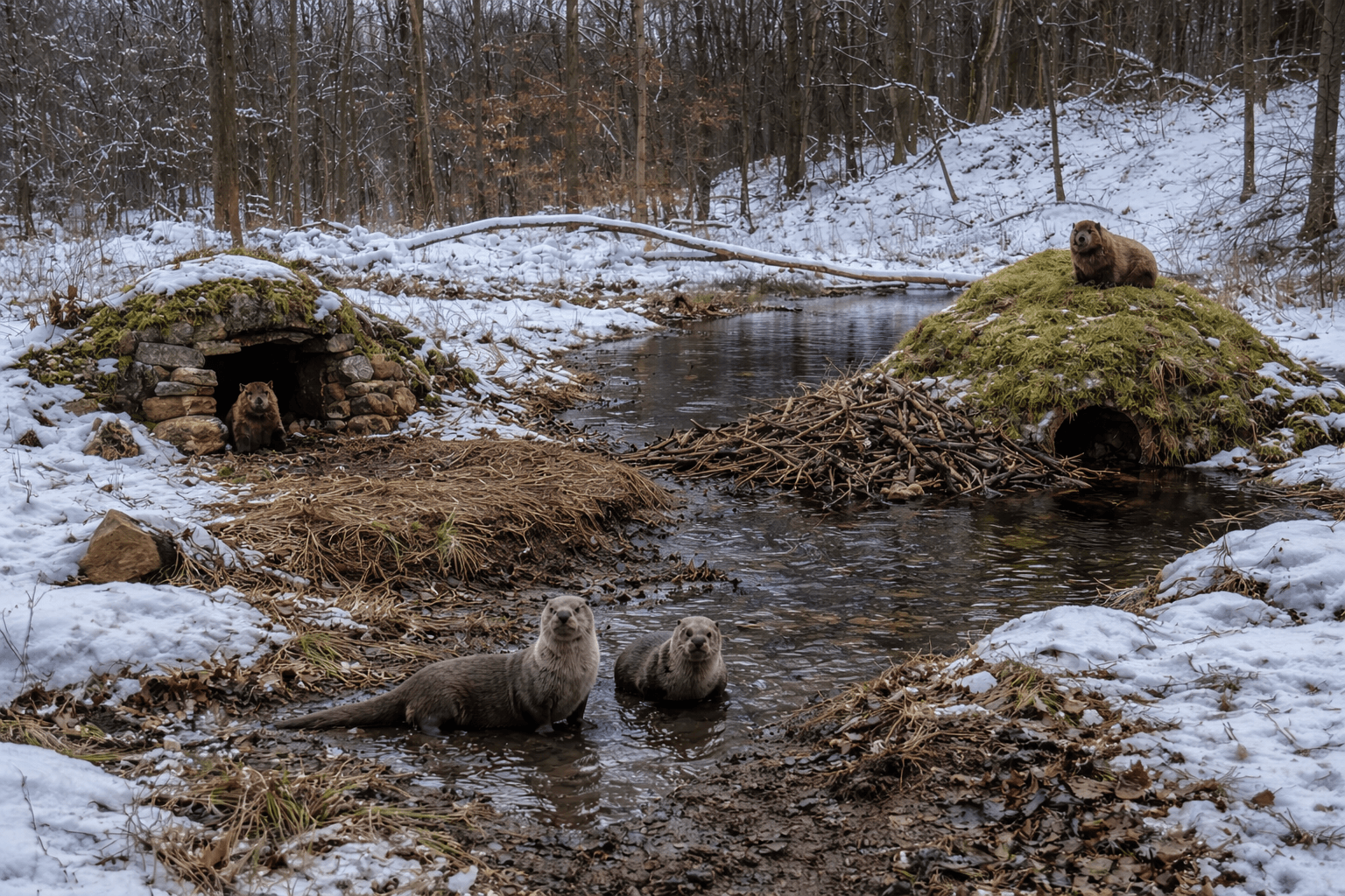 Otters in natural winter habitat with stream, moss-covered structures, and beaver lodge
