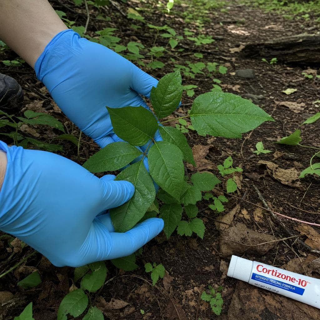 Person wearing protective gloves while identifying poison ivy on a woodland trail, with cortisone cream nearby