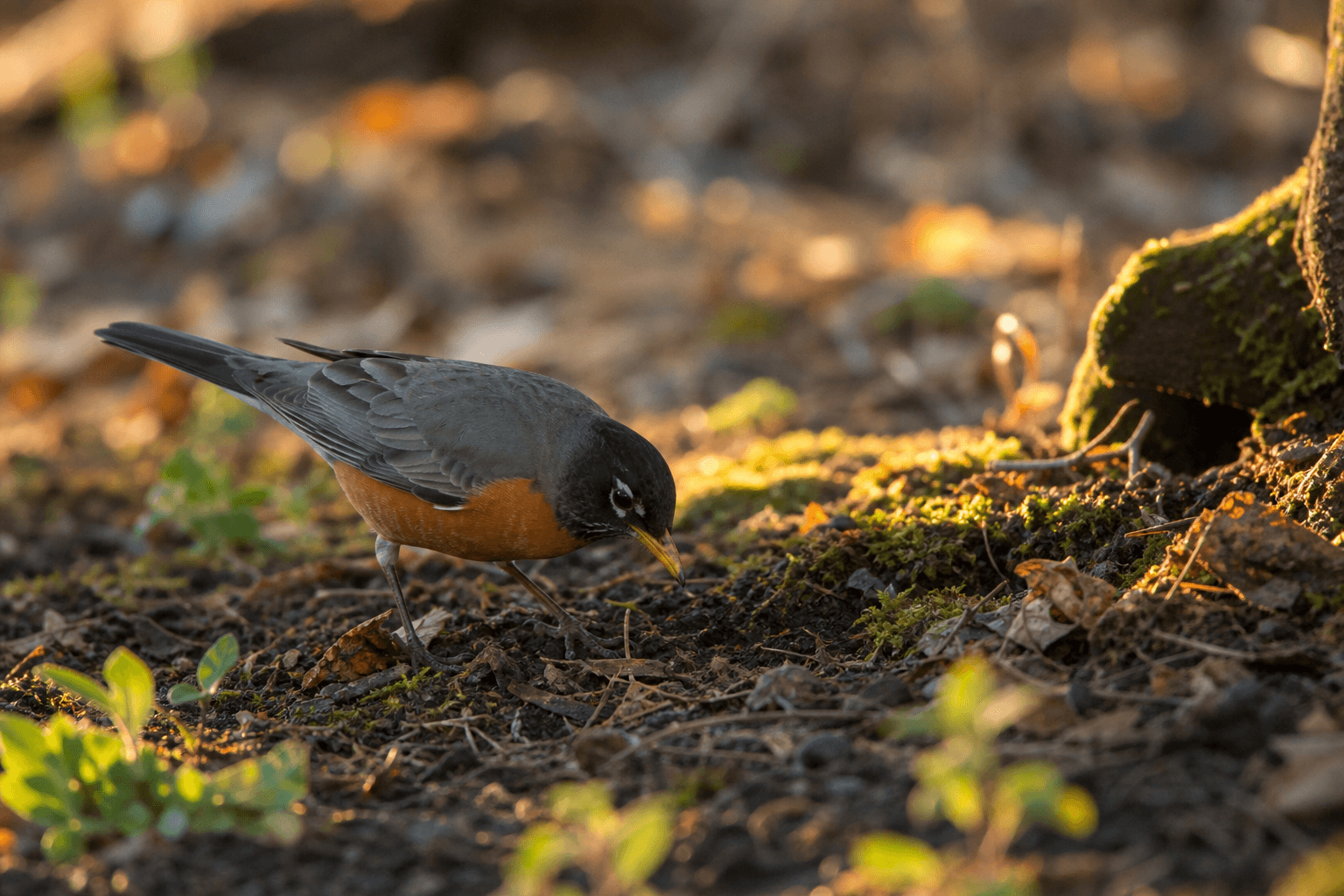 American robin foraging for worms on woodland soil in golden morning light