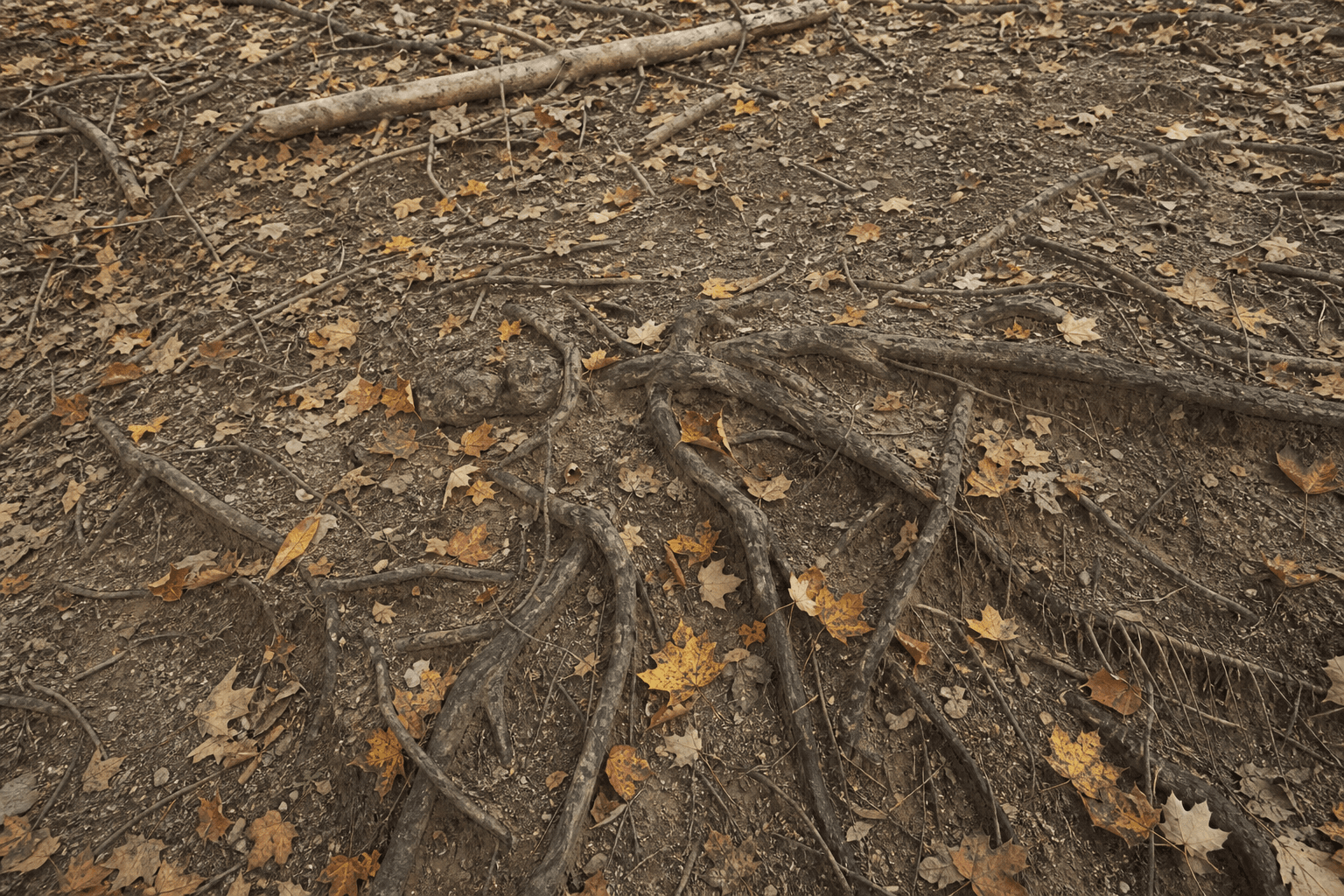 Maple leaf cover on a rooty woodland restoration site with exposed roots and sticks