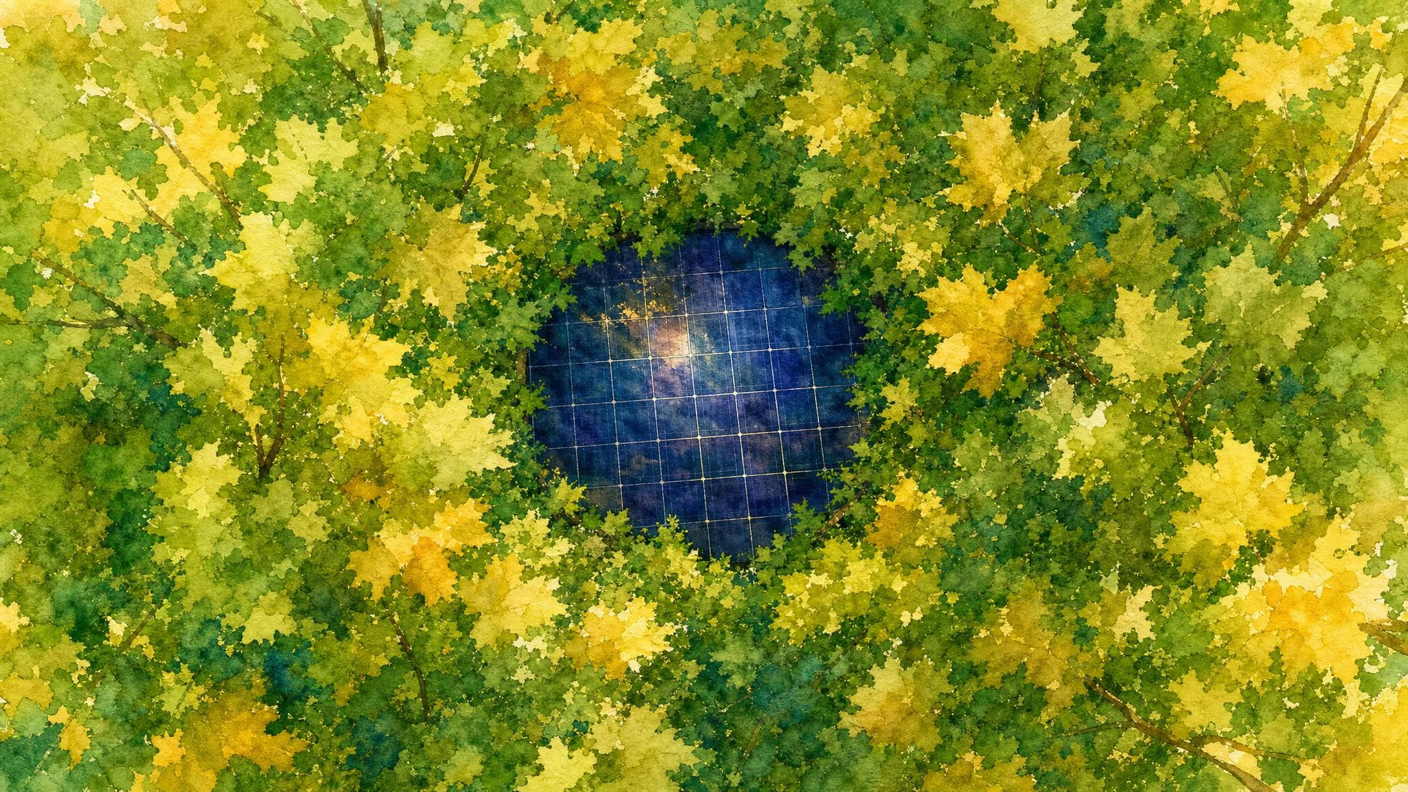 Watercolor painting of a solar panel filling a circular opening in the Sugar Maple canopy at Wesley Woods — a dark jewel set in green and gold maple leaves