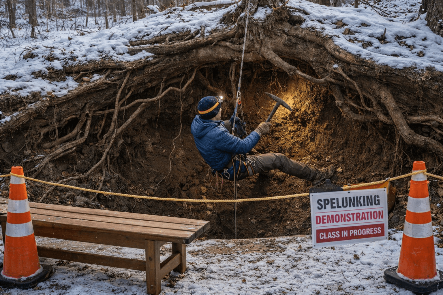 Spelunking demonstration class in progress with person rappelling into tree root system