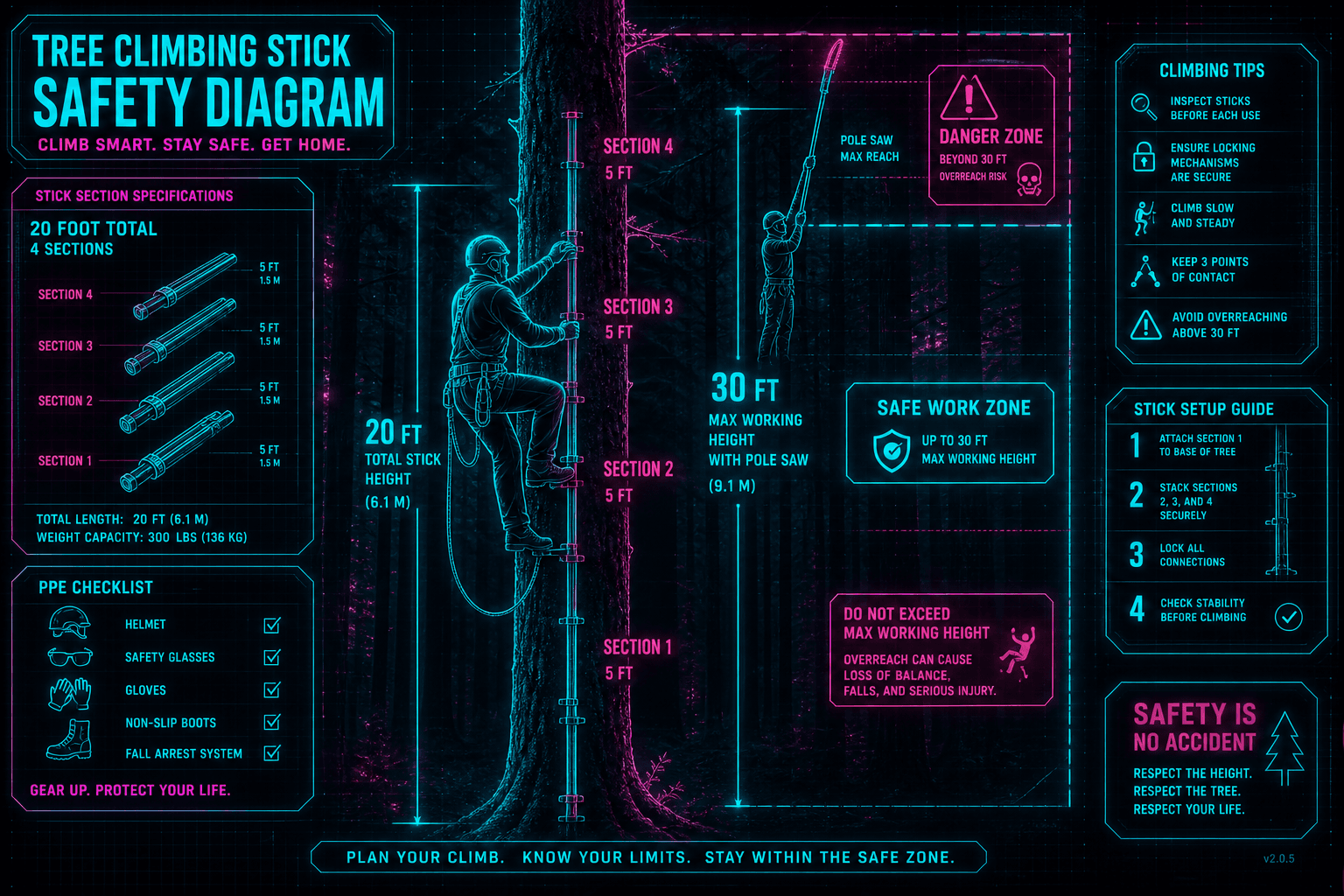 Cyberpunk digital safety HUD diagram for tree climbing sticks with PPE and height zones