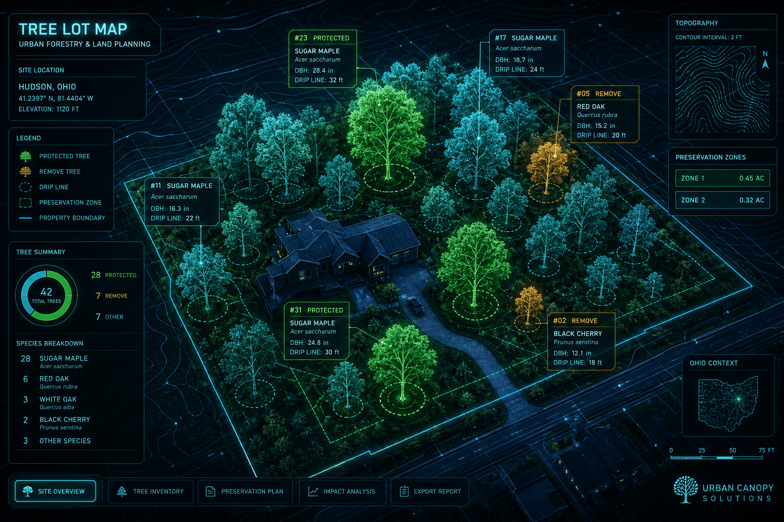 Futuristic cyberpunk 3D holographic tree lot map with neon wireframe trees, drip line zones, and data tags for urban forestry planning