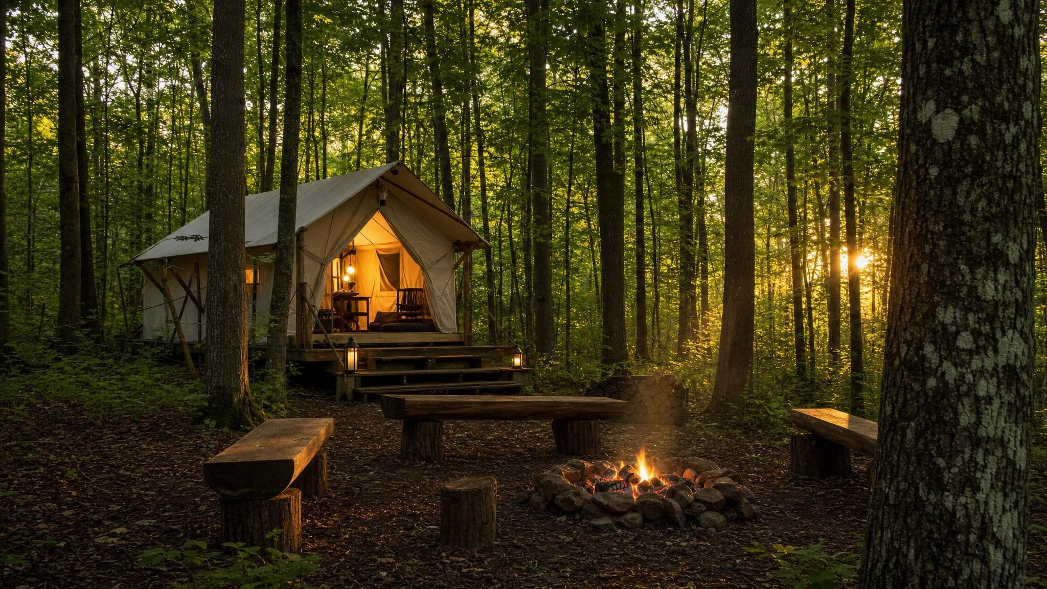 Rustic canvas glamping tent nestled among Sugar Maple trees at golden hour — the vision for Wesley Woods in Strongsville