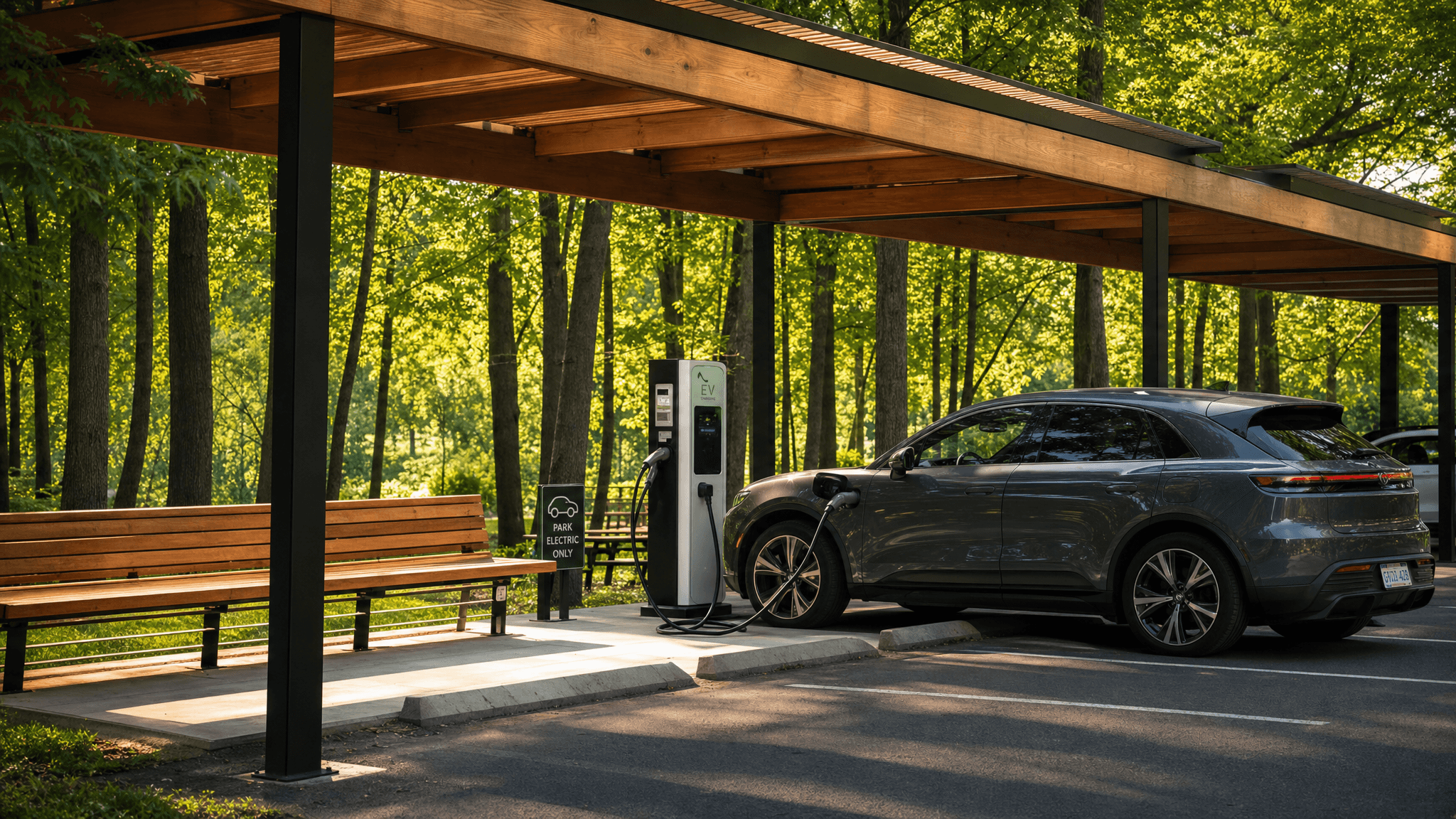 Covered EV charging station with open dugout bench and maple woods backdrop at Wesley Woods, Strongsville