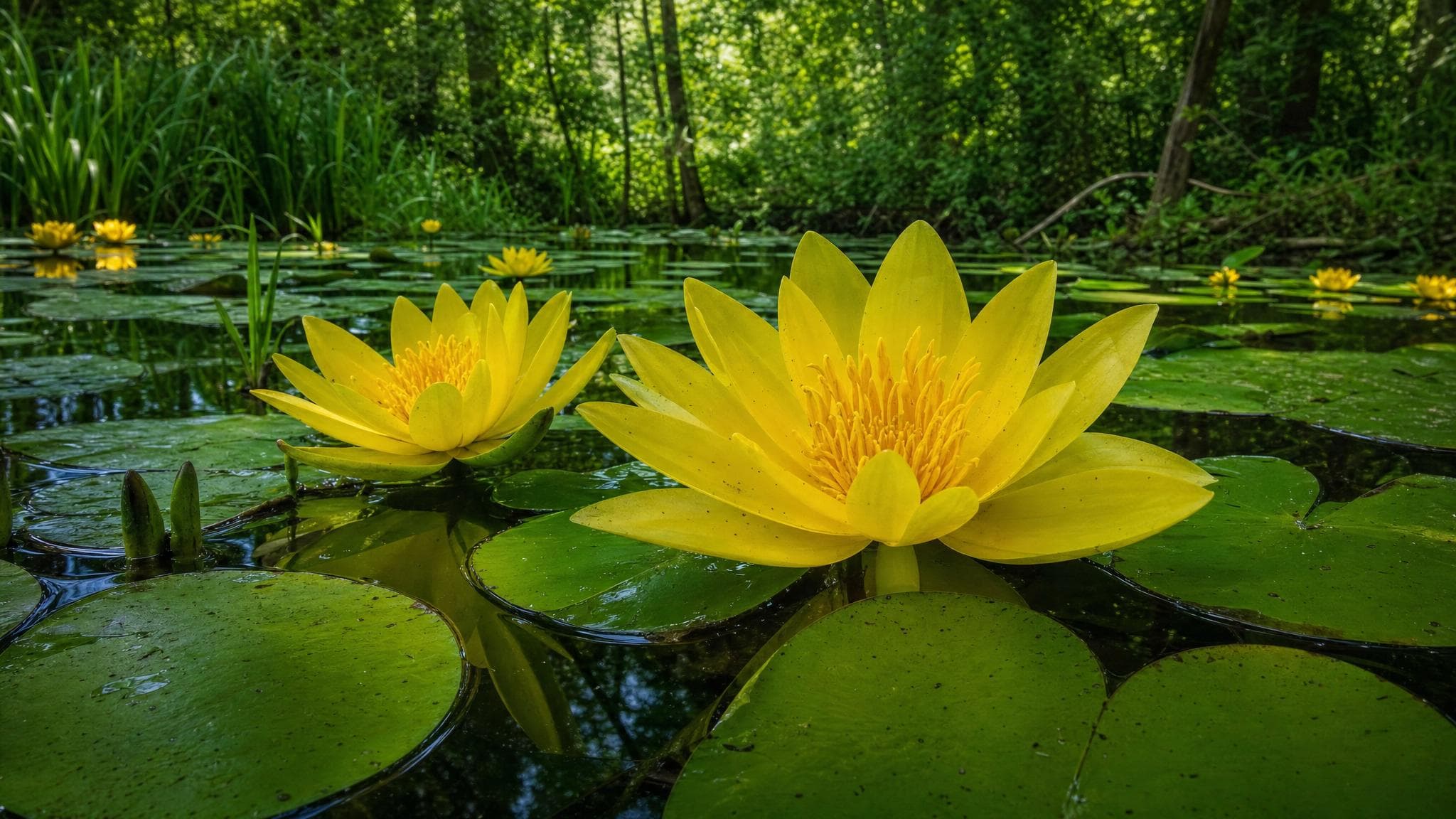 Yellow water lilies blooming on the wetland pond at the Foundation restoration property in Strongsville