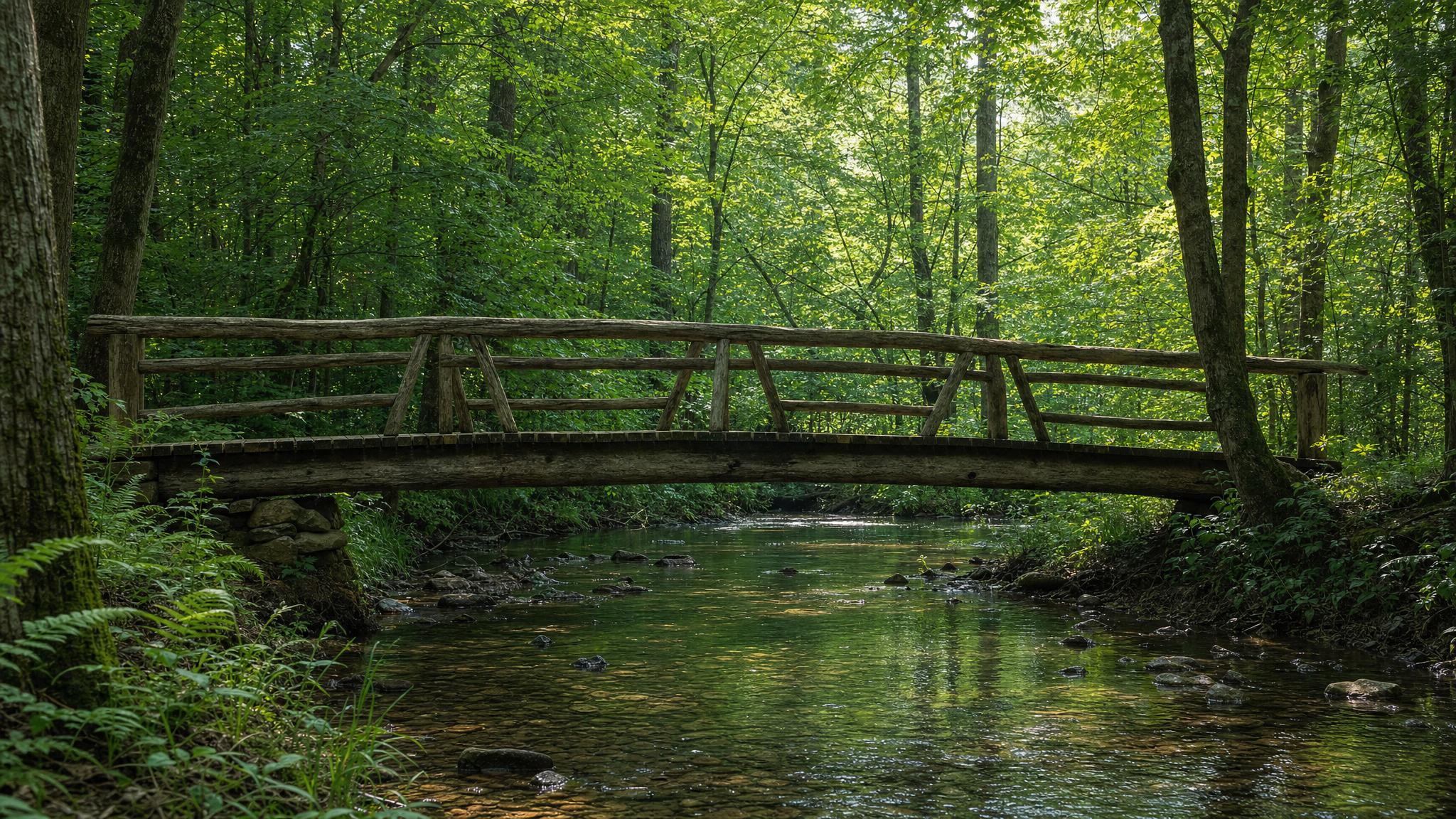 Simple timber bicycle and pedestrian bridge over the creek at Wesley Woods restoration property in Strongsville, Ohio