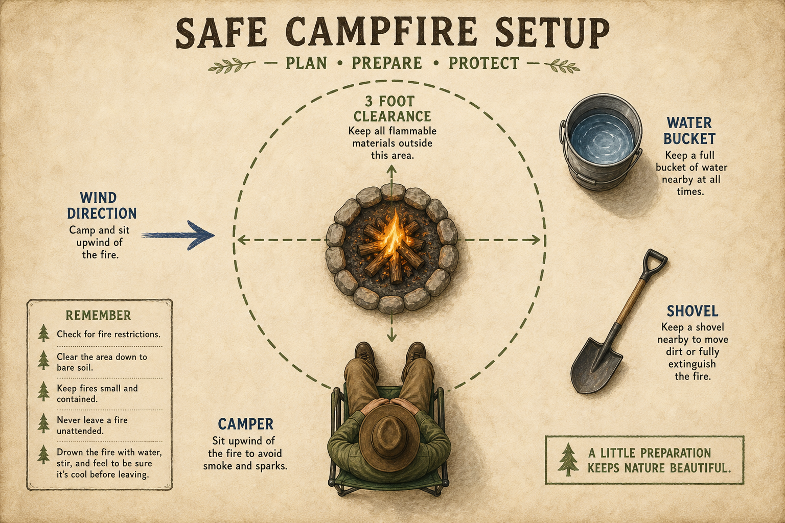 Overhead diagram of safe campfire layout with stone ring, three foot clearance, wind direction, water bucket and shovel positions
