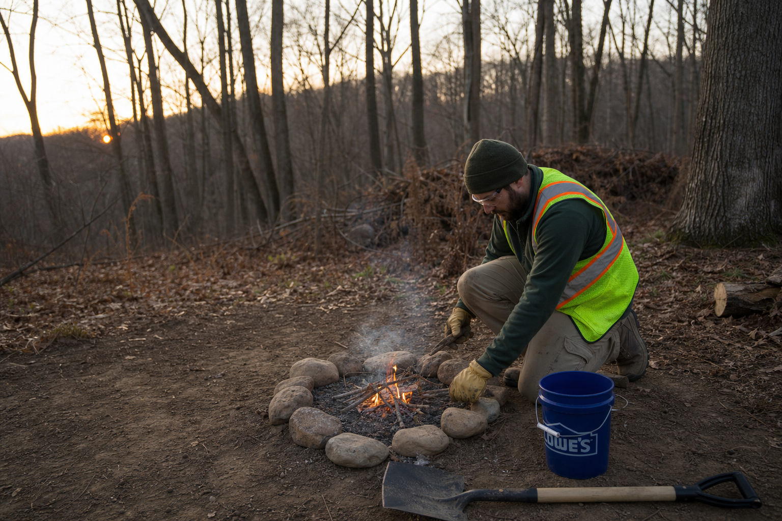 Camper building a small controlled survival campfire in a stone ring with water bucket and shovel nearby at woodland edge