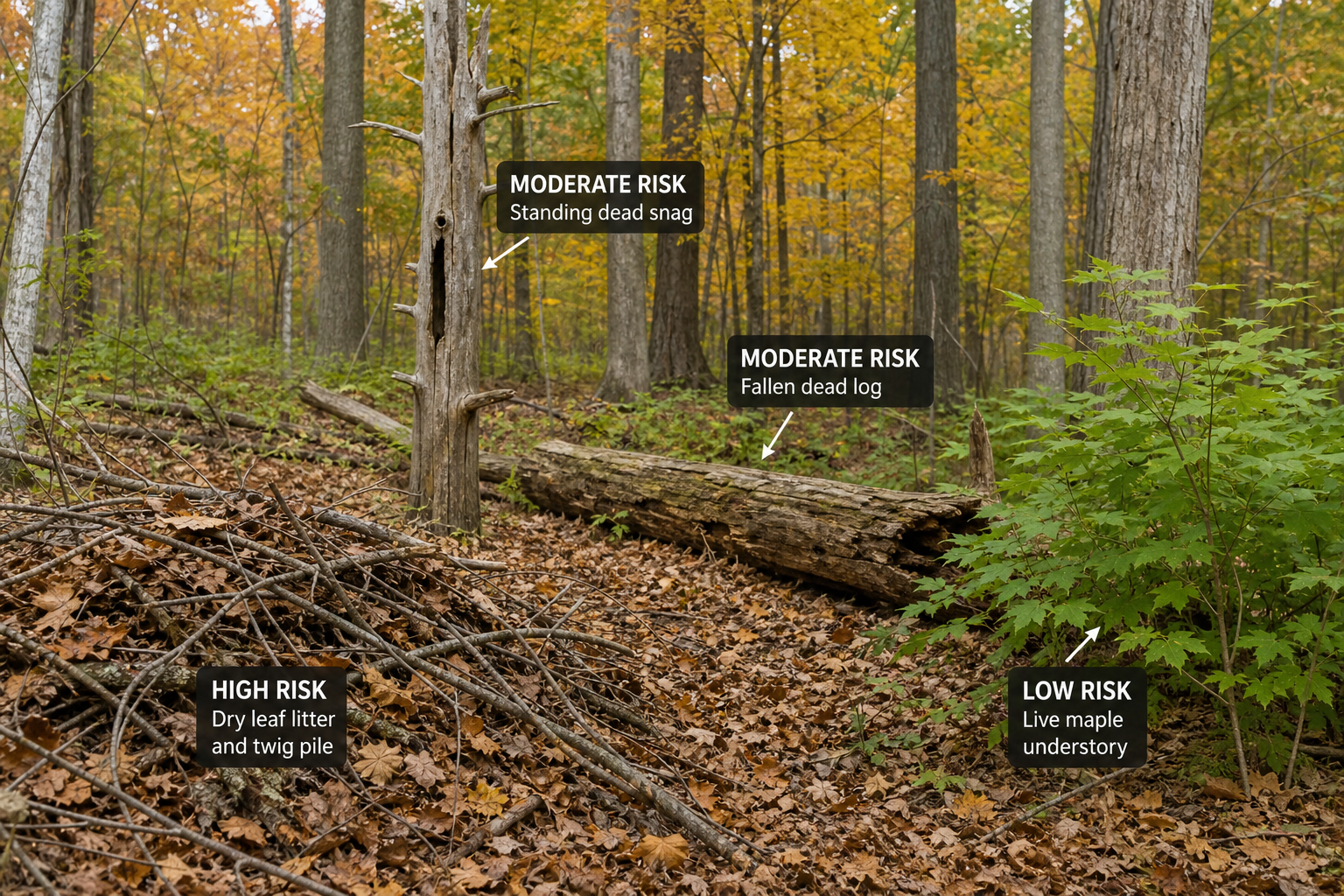 Woodland combustible brush spectrum from dry fine fuels and leaf litter to standing snags and rotted logs on Ohio restoration land