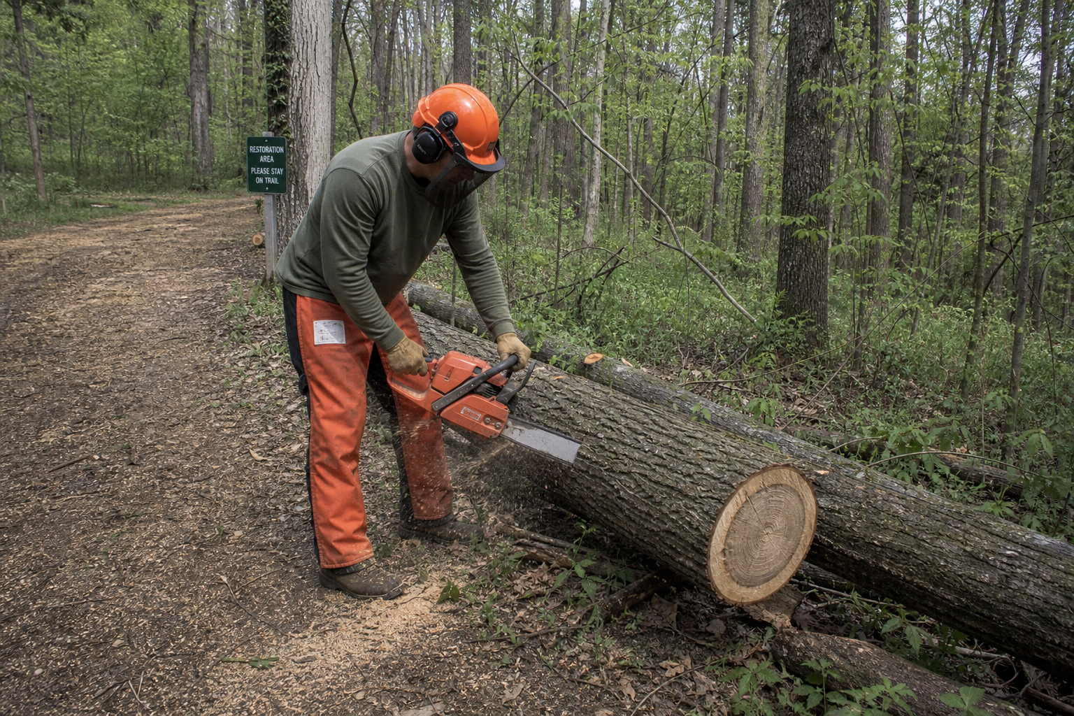 Worker sectioning a fallen oak away from a woodland trail edge