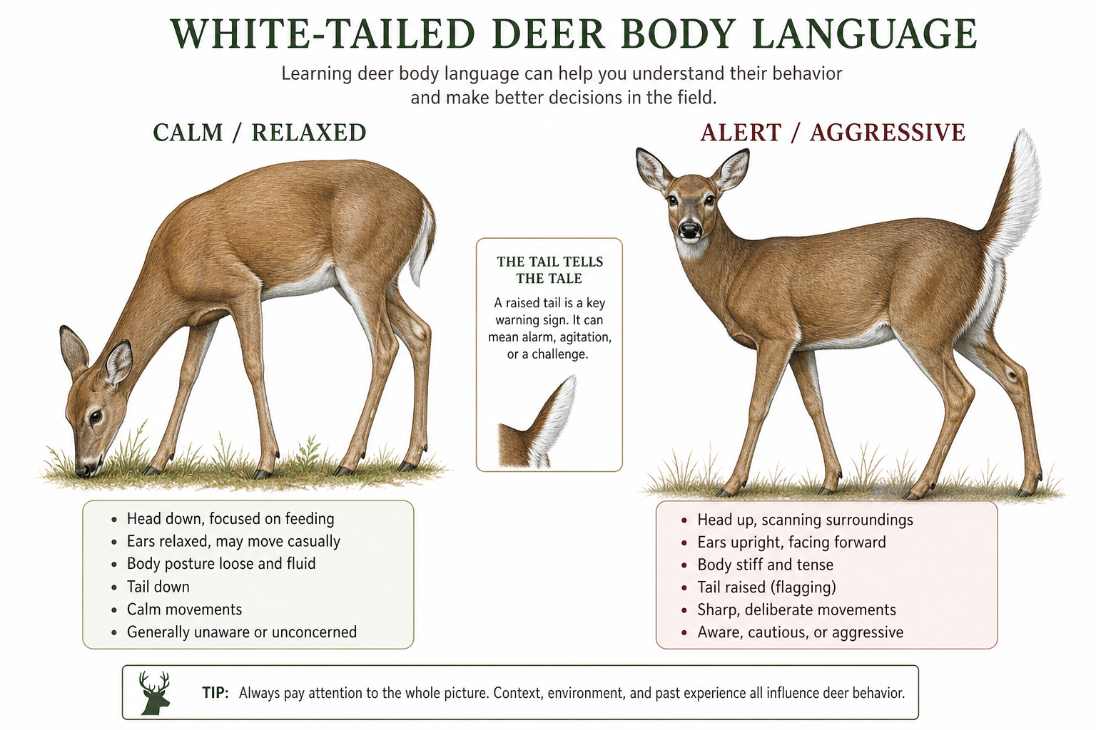 Deer body language diagram showing calm grazing versus alert aggressive posture
