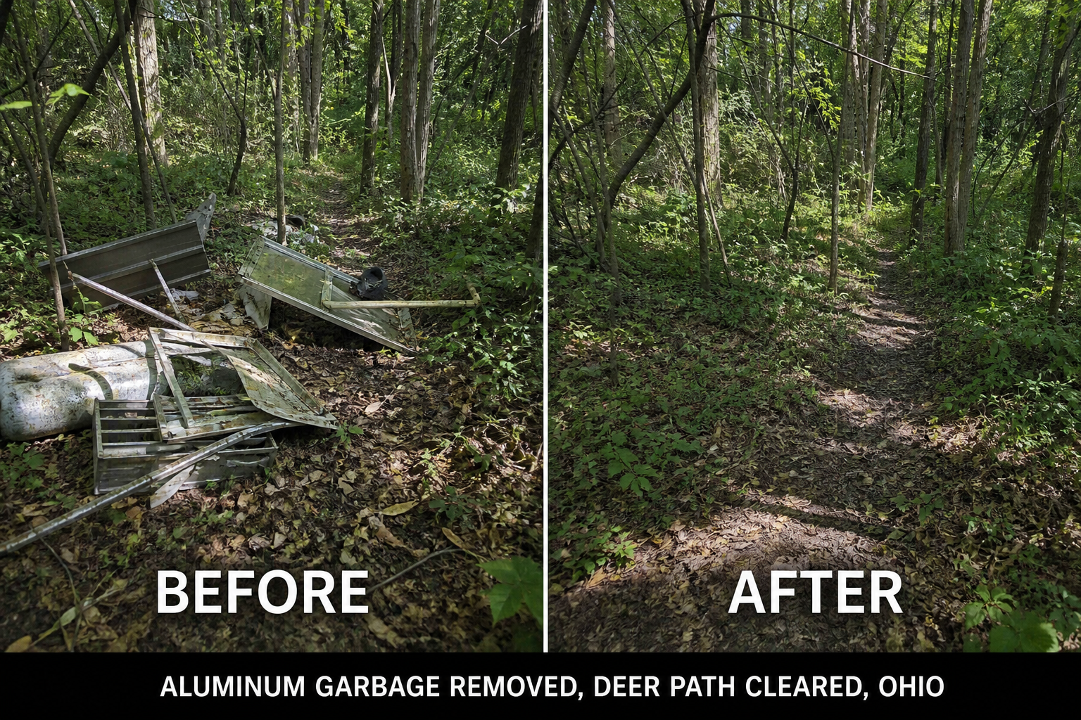 Cleared woodland deer path after aluminum garbage removal on steep Ohio back slope