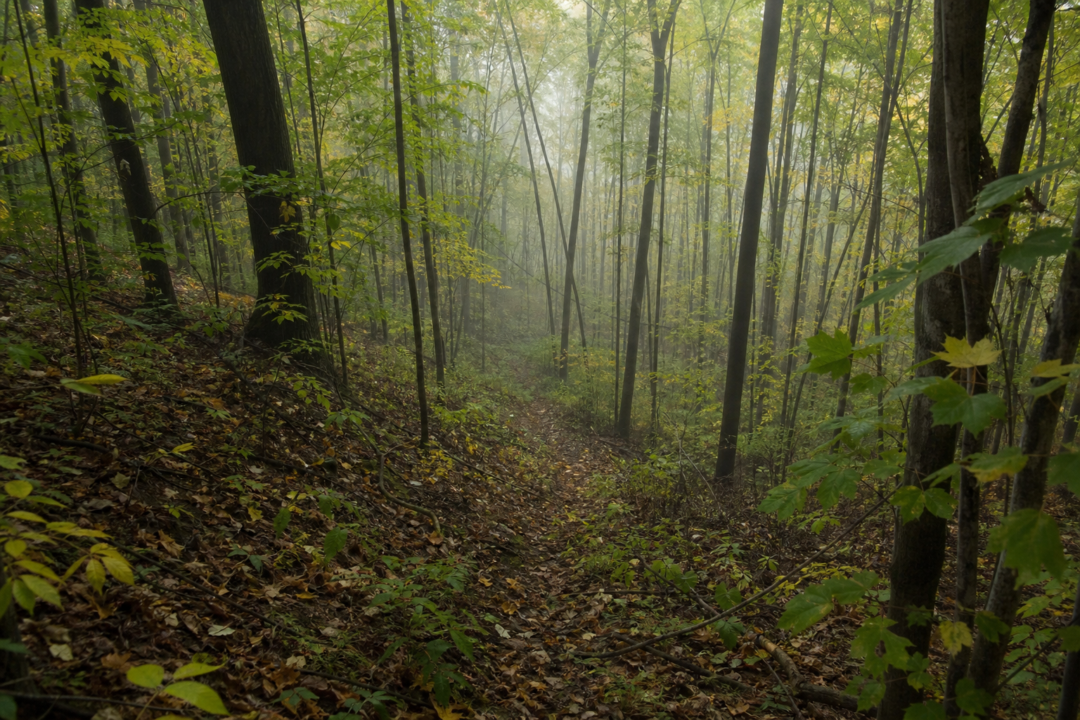 Steep back slope deer trail through Ohio maple woodland after corridor cleanup