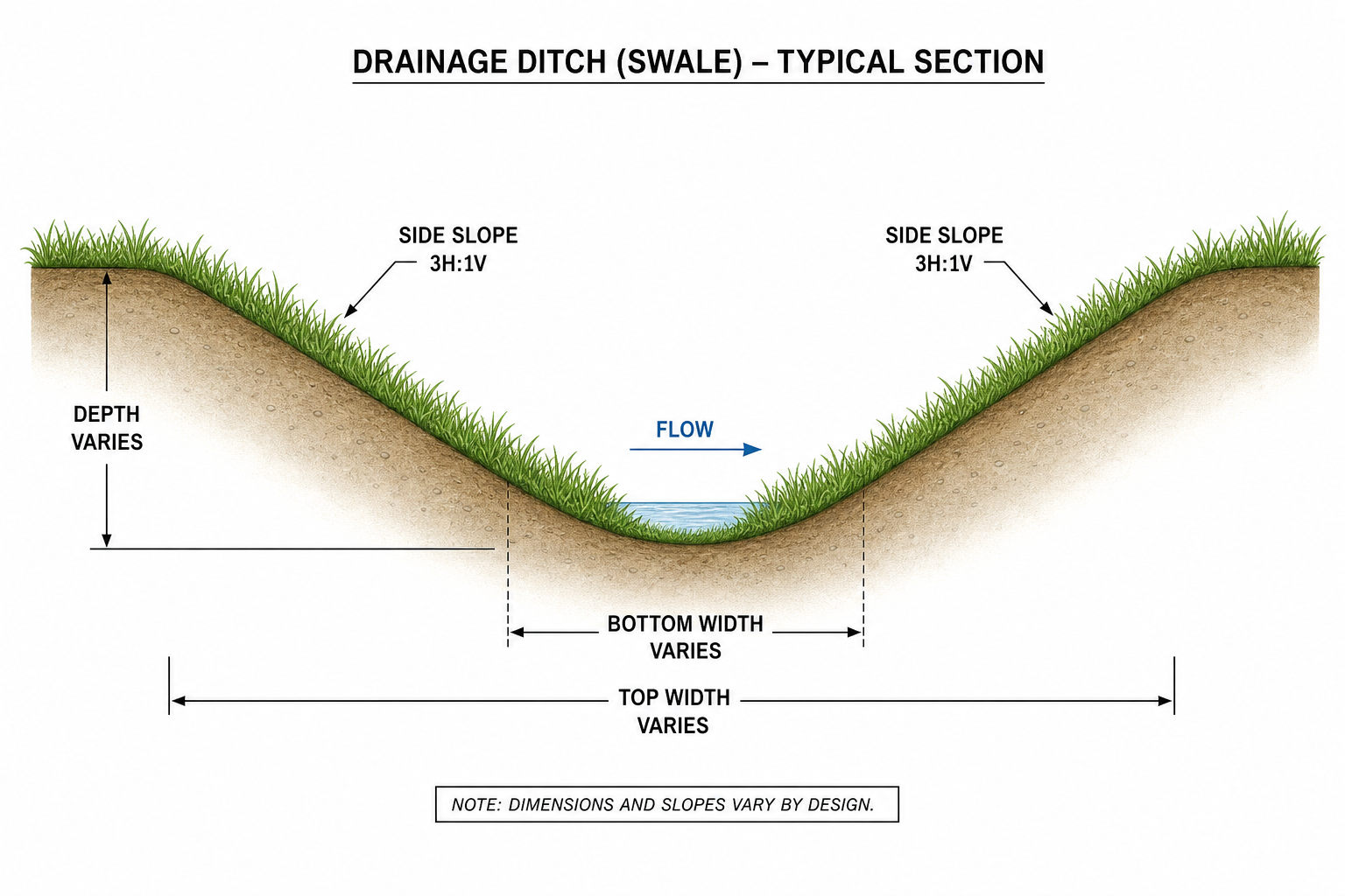Cross-section diagram of a drainage ditch with side slope and flow arrow