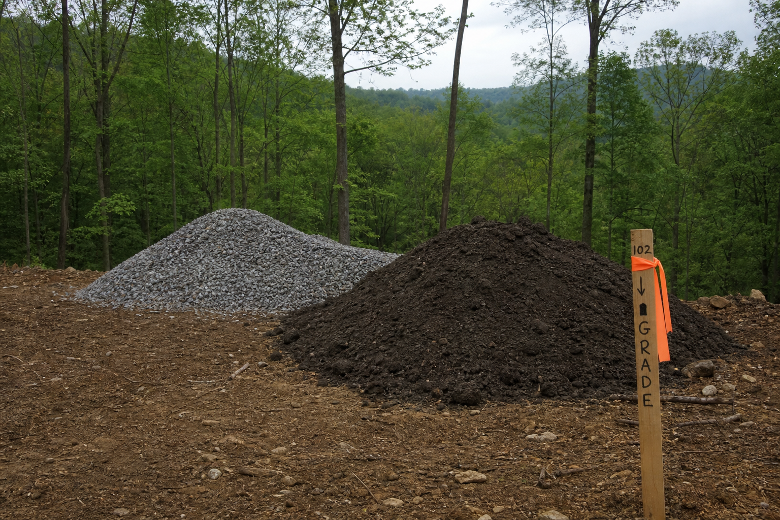 Gravel and topsoil stockpiles beside a grade stake on a restoration site