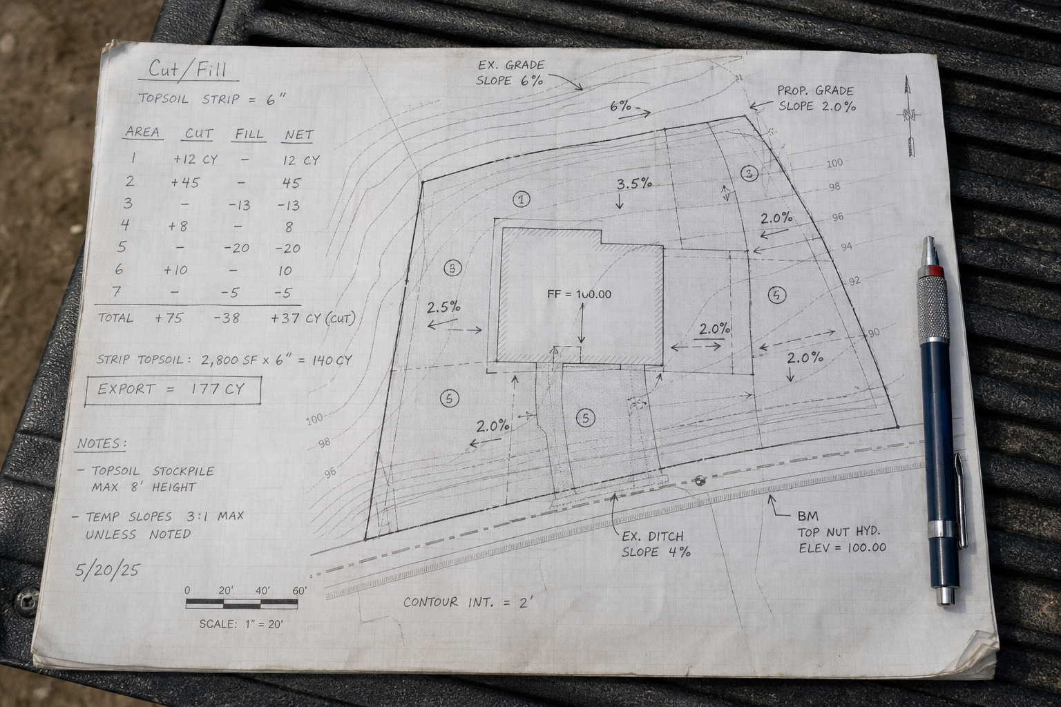 Handwritten cut-fill calculation on a site plan with slope percentage