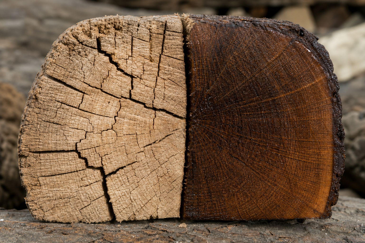 Dry seasoned firewood end grain with cracks versus wet dark fresh-cut wood