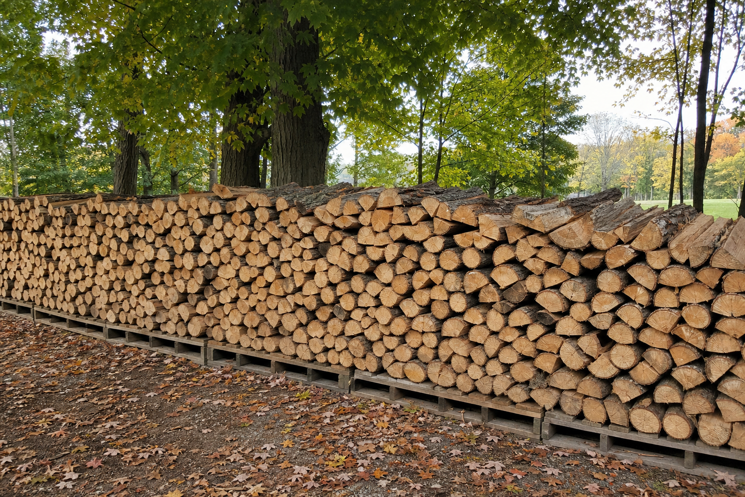 Split firewood stacked on pallets with cut ends facing out for airflow under maple trees