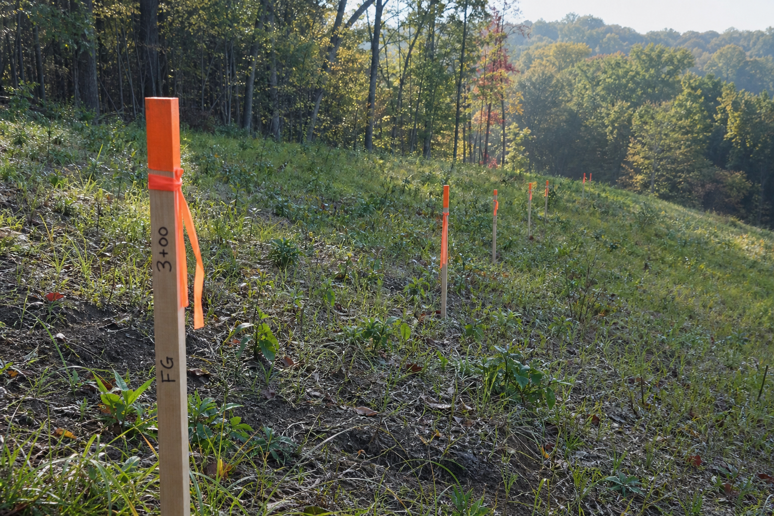 Survey stakes and gradient flags marking a grading line on a hillside lot