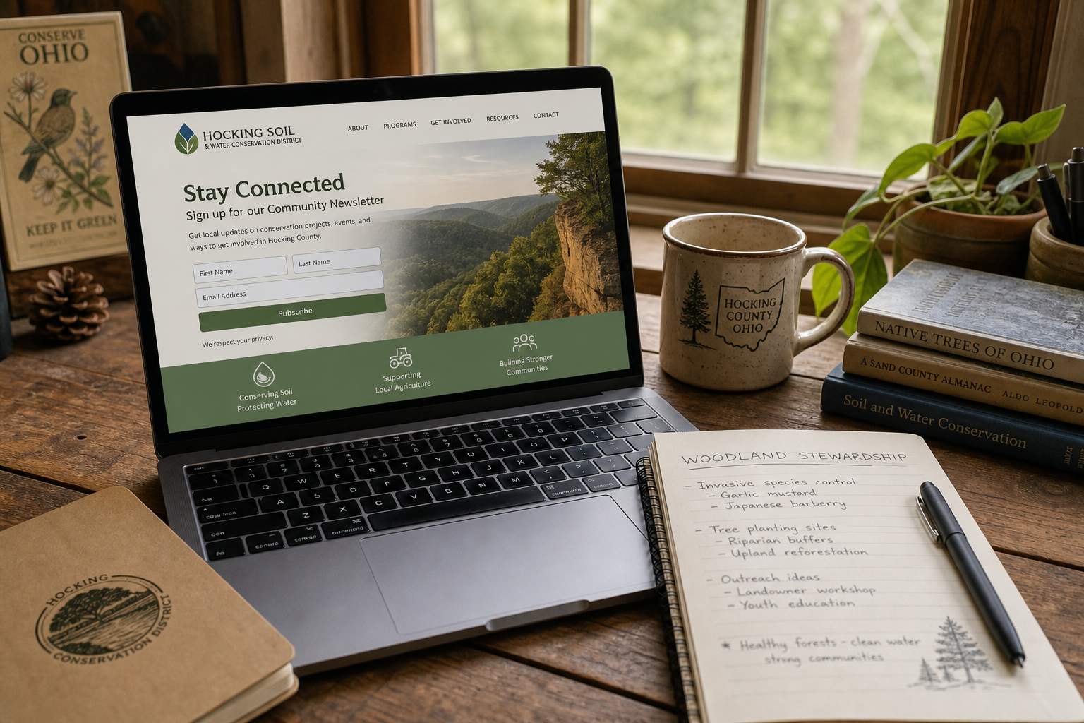 Community newsletter signup on a laptop beside woodland stewardship notes