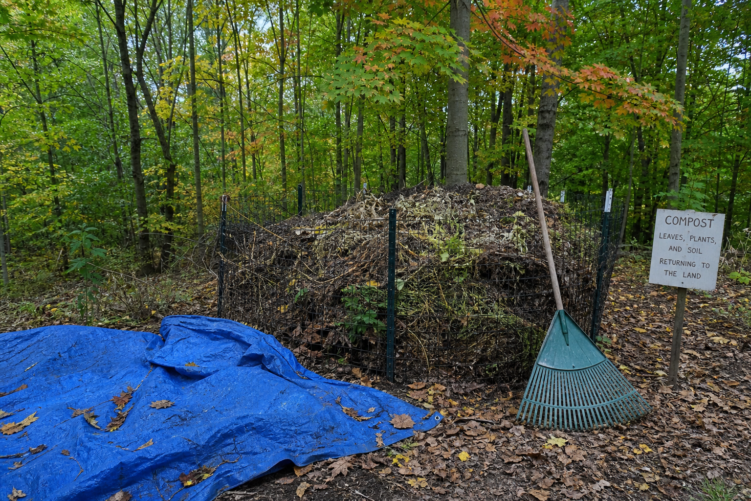 Leaf rake and tarp beside a woodland compost pile on a restoration lot