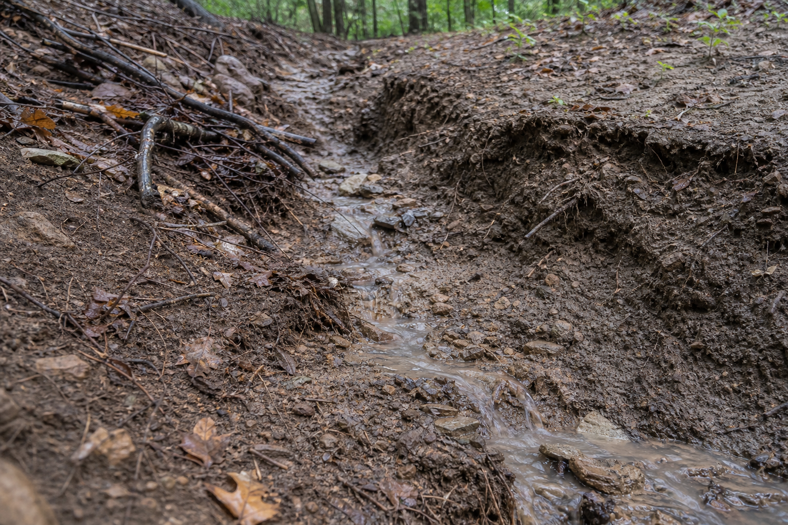 Close-up of erosion rill and lost topsoil at the toe of a woodland grade