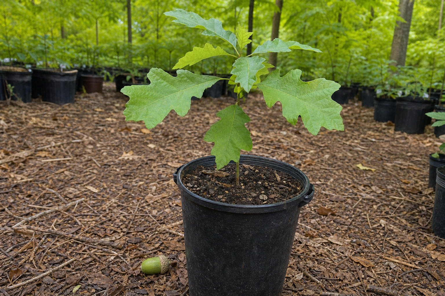Young oak sapling in a deep nursery pot with lobed leaves ready for root development