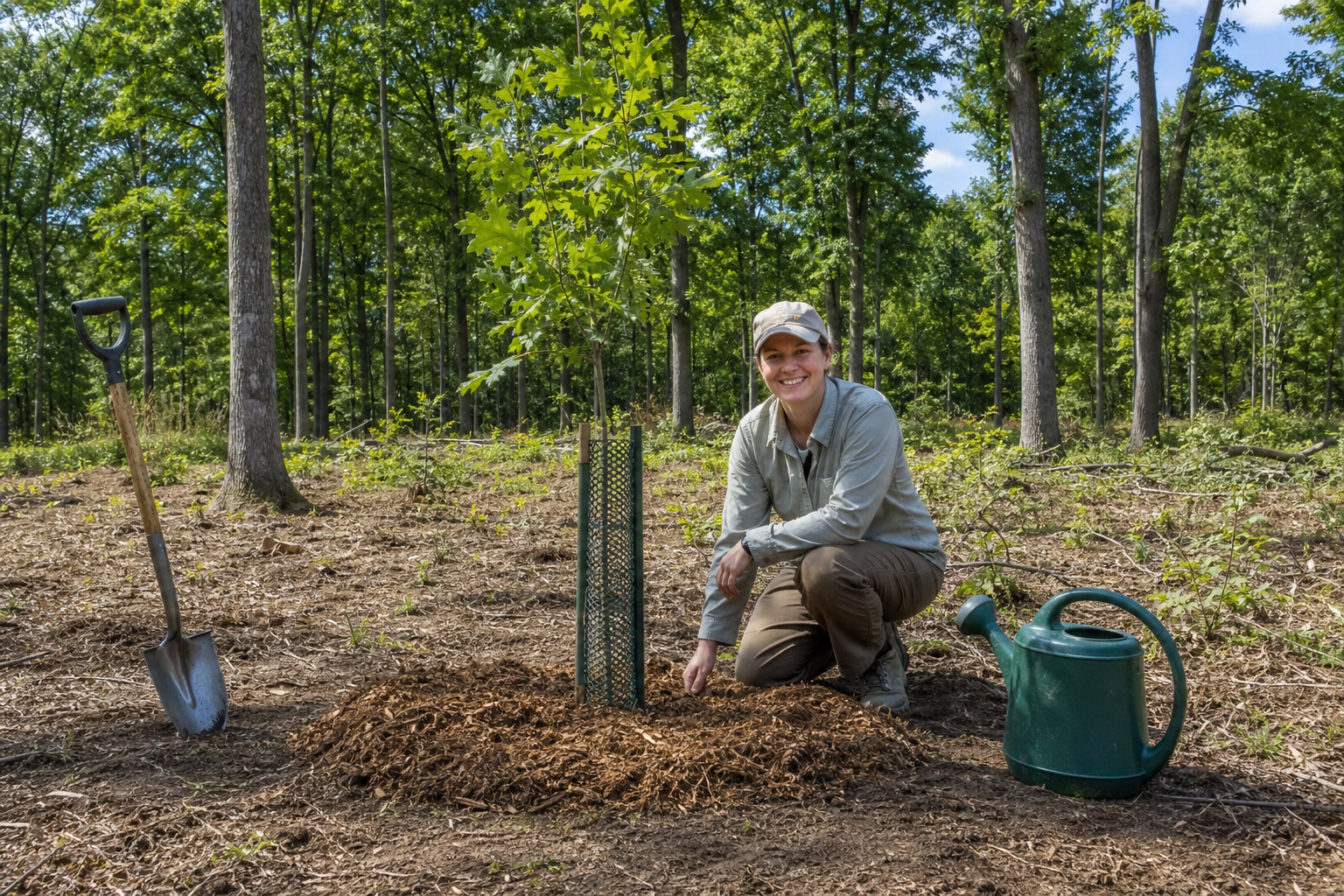 Planting a young oak in a sunny opening in maple woodland with mulch ring and tree guard