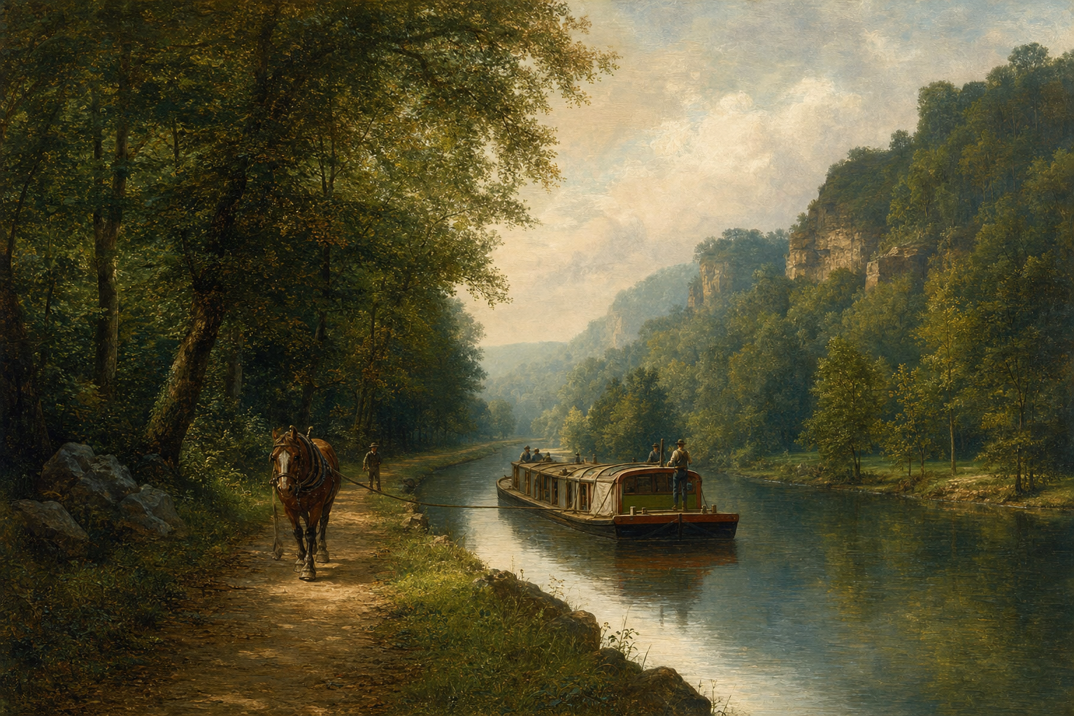 Historic Ohio Erie Canal landscape painting showing 1800s waterway through Northeast Ohio forest